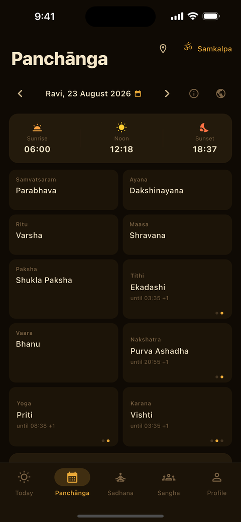 The Panchāngam screen showing samvatsara, ayana, ritu, masa,
                paksha, tithi, vaara, nakshatra, yoga and karana, each with the
                time it ends